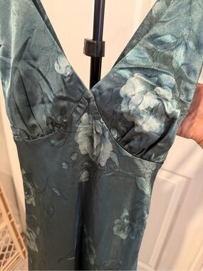 Silk-Feel Floral Slip Dress in Teal Green